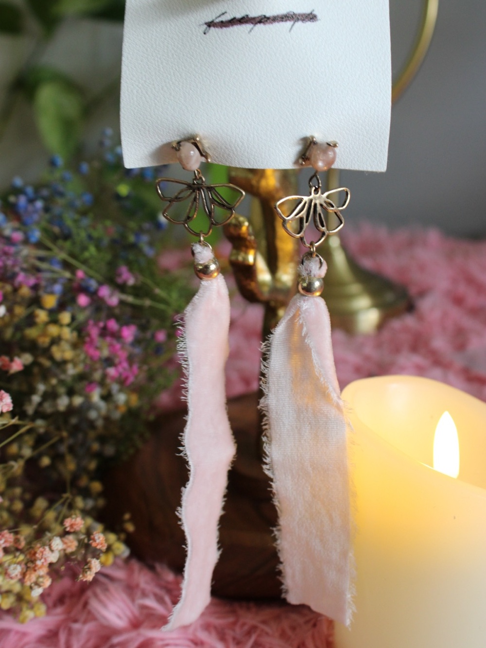 Free People Pink Velvet Ribbon Floral Dangle Statement Earrings